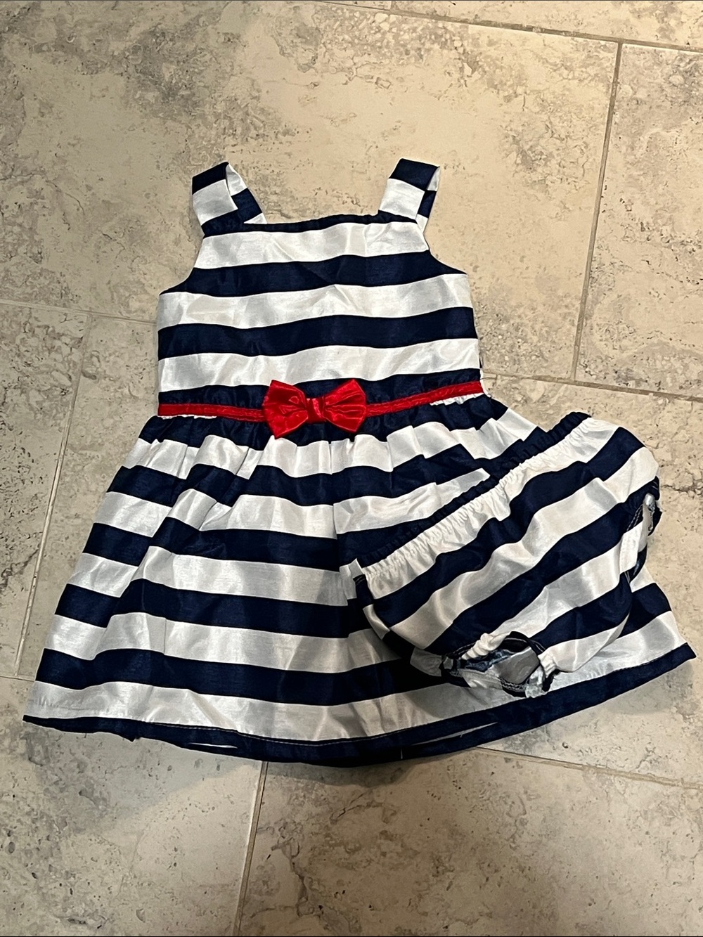 Little Lass Girls Navy White Striped Dress + Bloomers Red Bow
